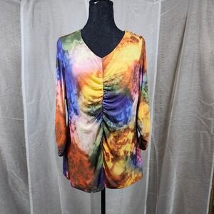 NWT Ali Miles Multicolor Tie Dye Ruched V Neck Long Sleeve Blouse Top